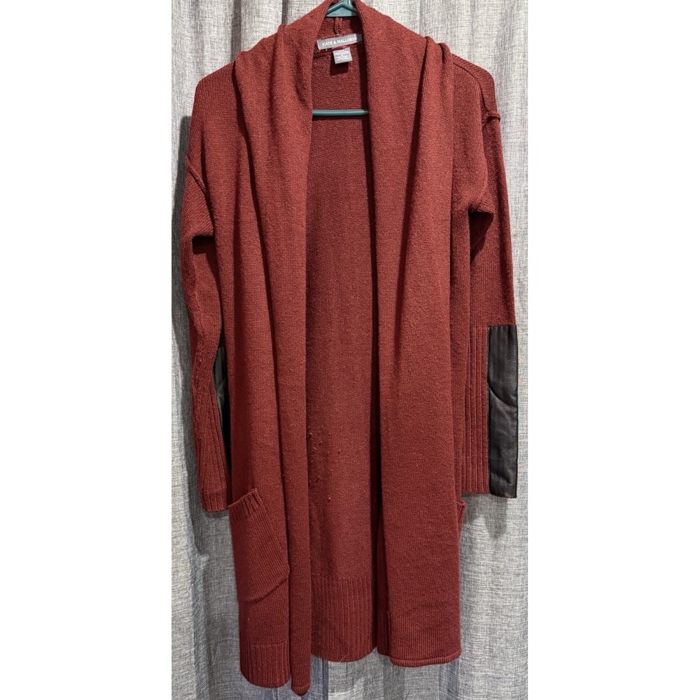 Kate‎ & Mallory Cardigan Faux Leather/Ribbed LS Size Med. Open Sweater Cranberry